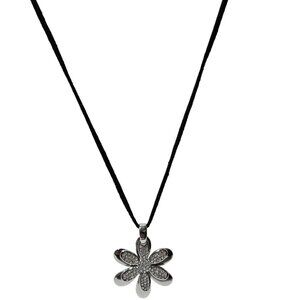 Boho Flower Pendant Necklace Black Rope Crystal Accents Retro 60s 70s Fashion